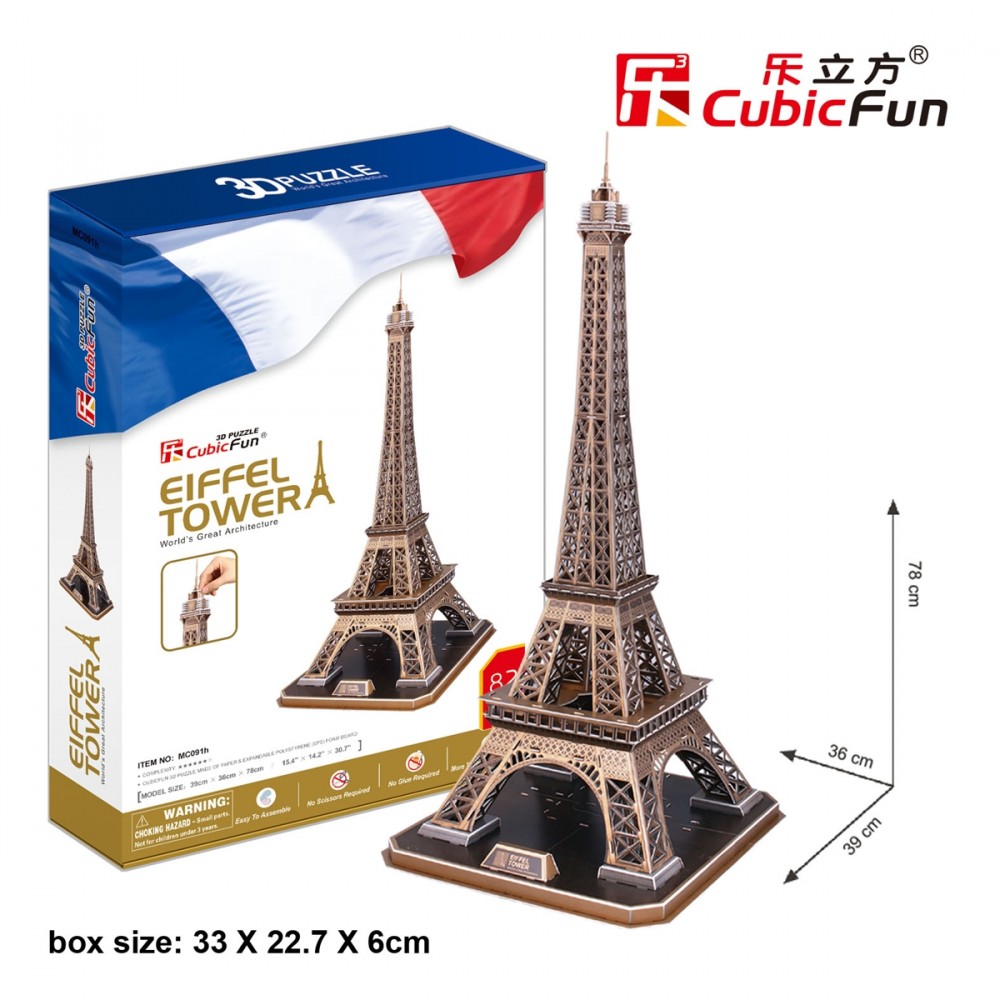 CubicFun 3D Puzzles for Adults National Geographic Eiffel Tower Model Kits,  Paris Architecture Puzzles for Adults Desk Building Puzzles for Kids Ages