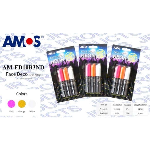 Amos arcfesték UV neon színek, 3db/bliszter