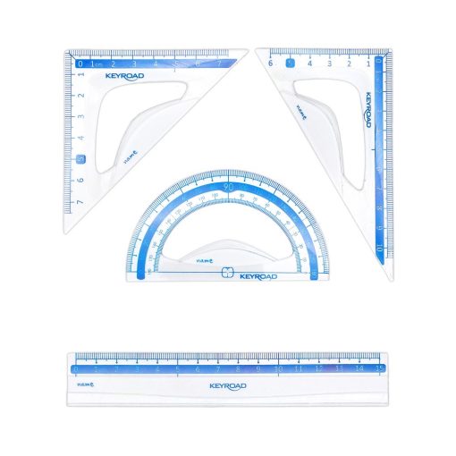 Vonalzókészlet, 15 cm, vonalzó, szögmérő, 45° és 60° háromszög vonalzók 4 db/bliszter Keyroad