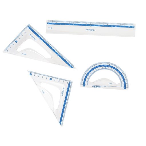 Vonalzókészlet, 20 cm, vonalzó, szögmérő, 45° és 60° háromszög vonalzók 4 db/bliszter Keyroad