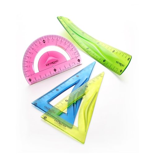 Vonalzókészlet, 20 cm, flexibilis vonalzó, szögmérő, derékszög vonalzó, 3 db/bliszter Keyroad vegyes színek